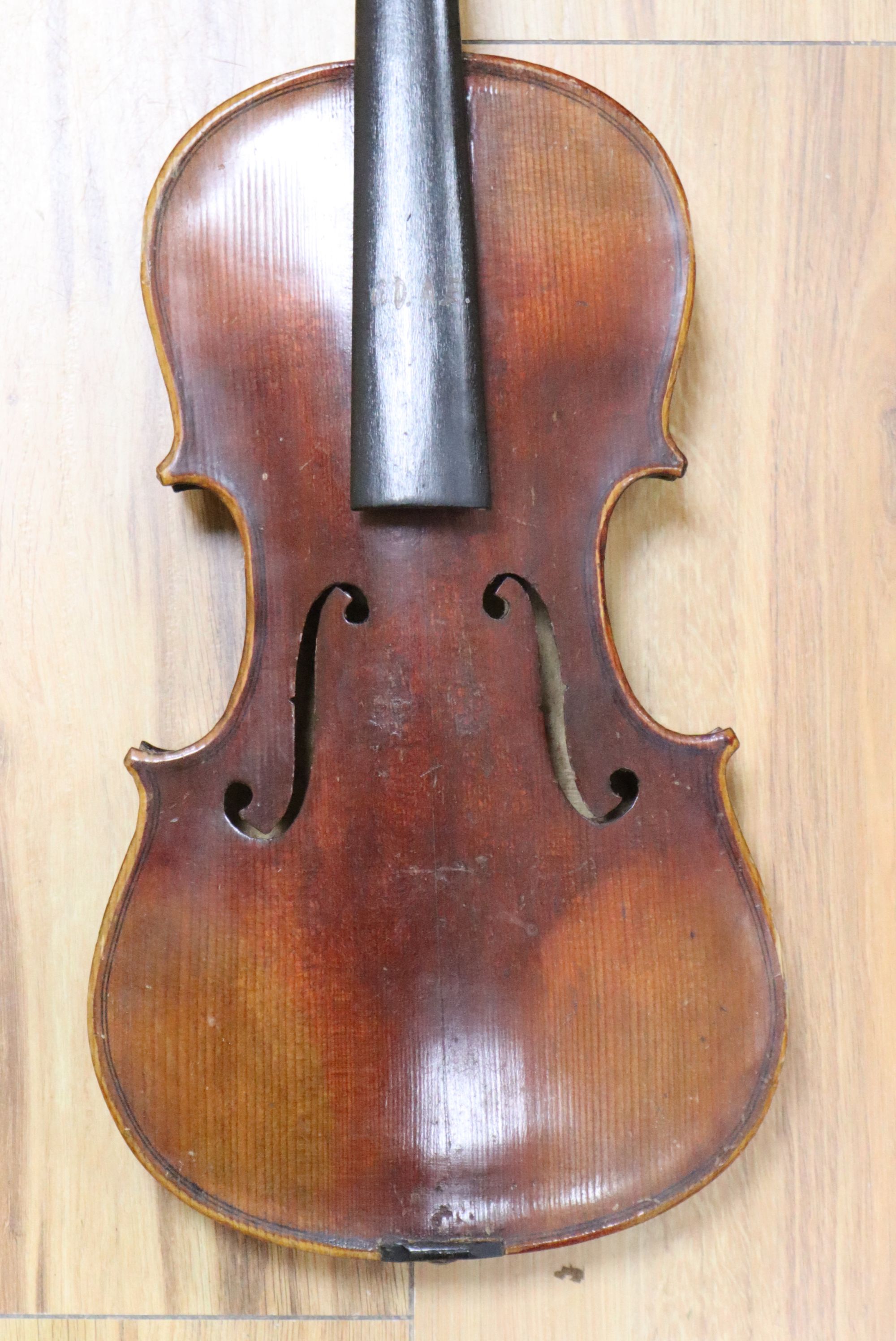 A 19th century German violin, length of back 35.5cm, cased